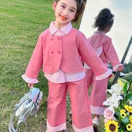 女小童洋气时髦套装春秋款女宝宝条纹蝴蝶结秋装小女孩甜美两件套