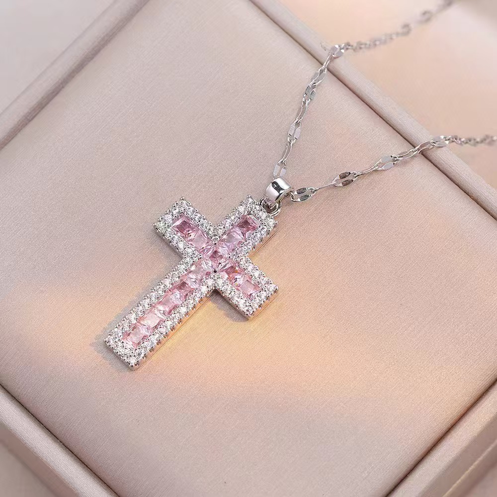 Wholesale Jewelry Shiny Cross Titanium Steel Zircon Inlay Pendant Necklace Cable Chain display picture 7