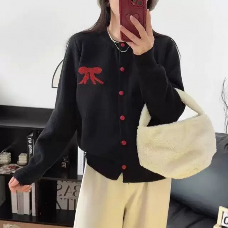 春秋短款高品质宽松圆领针织开衫新款减龄蝴蝶结毛衣上衣外套|undefined