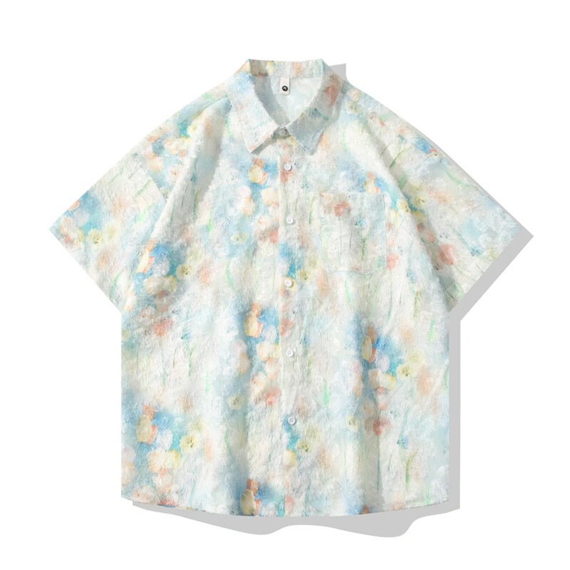 Summer New Men's Shirts, Ice Silk Cool Tassel Floral Shirts, Short-Sleeved Thin Loose Half-Sleeved Vacation Style Shirts