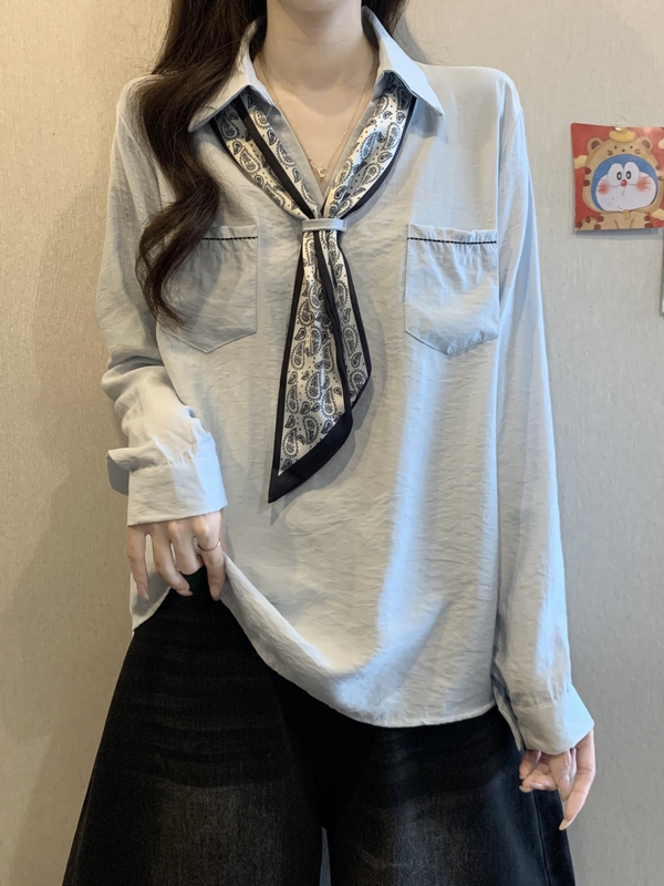 丝巾系带V领长袖衬衫女秋季新款大码胖mm显瘦气质高级感打底上衣|undefined