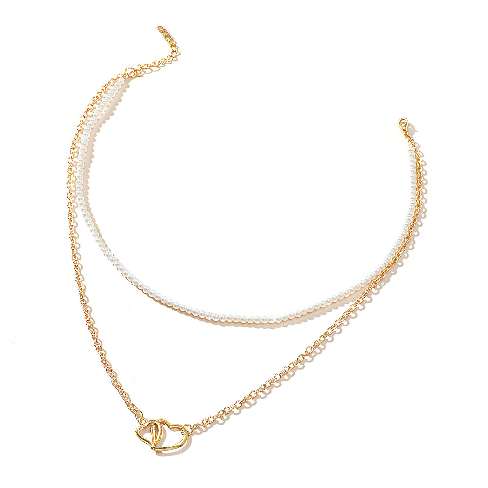 Kreative doppellagige Halskette mit Perlenanhänger, Legierung, mehrlagig, Liebes-Halsband, Kette, Netz, rot, mehrlagige Halskette_voghion.com