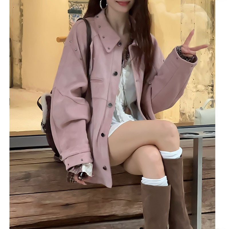美拉德重工铆钉设计感服外套女2025春秋款美式复古棕色工装夹克潮|undefined
