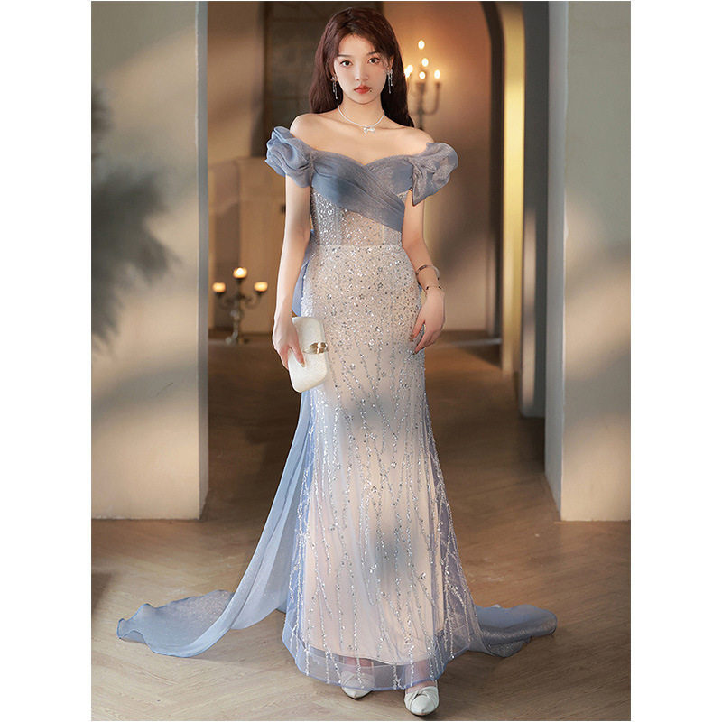 Blue Mermaid Evening Gown for Women 2026 New Style Light Luxury Niche Cross-Border French Toast Dress Bridal Wedding Dress