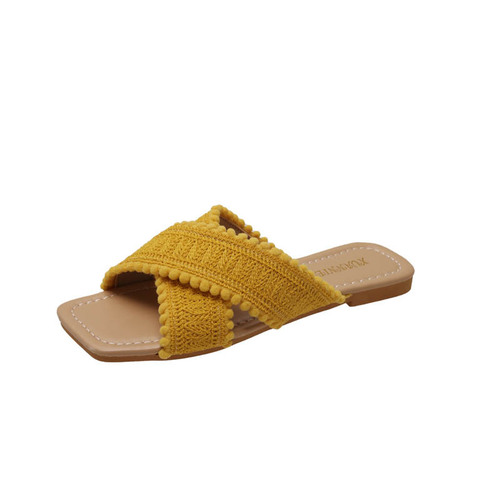 Flat retro cross-knitted yellow sandals, women's shoes, external wear 2025 summer vacation beach Roman slippers