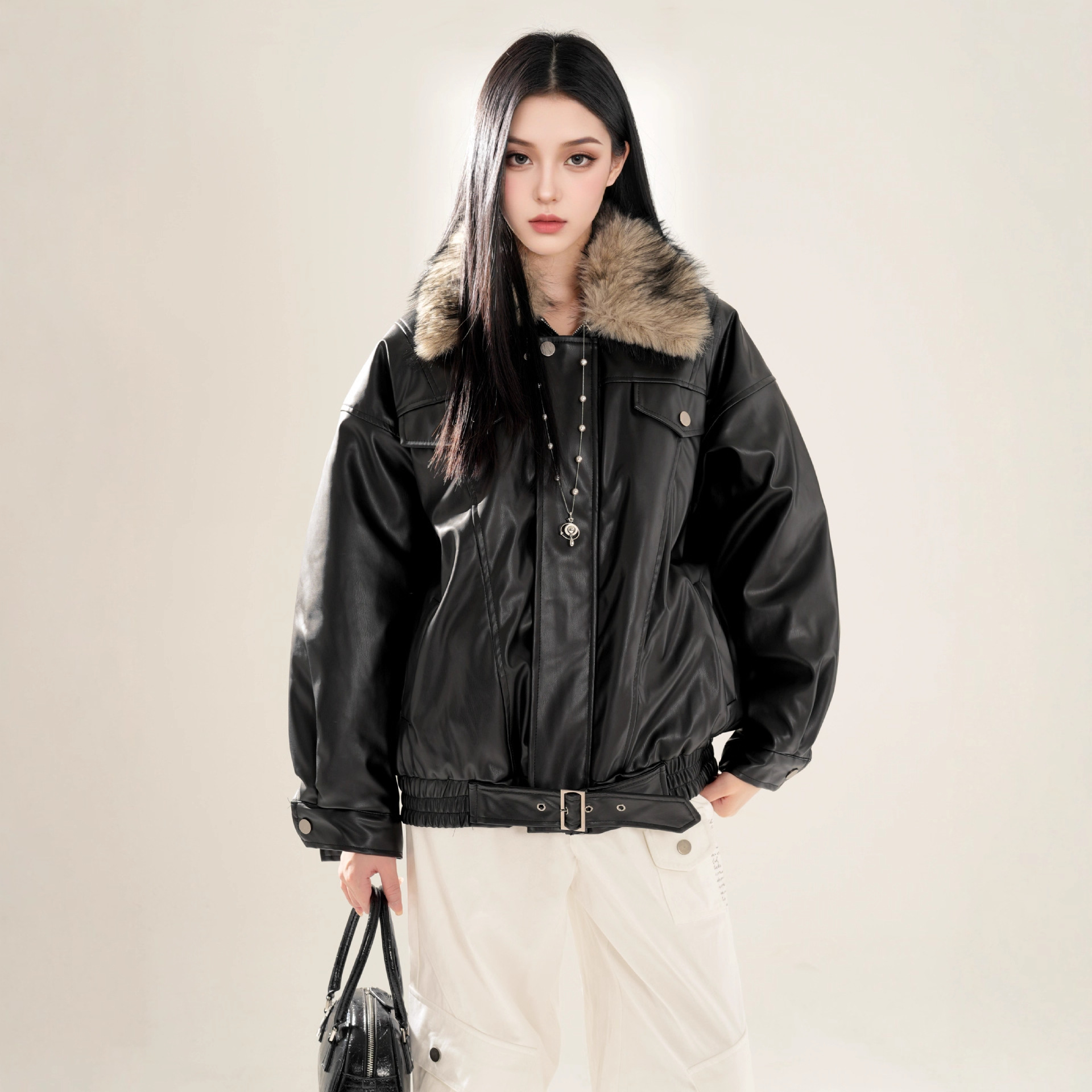 Unspet Thirteen Lines Jacket Women's Winter Detachable Fur Collar Pu Leather Motorcycle Jacket Work Jacket 91012