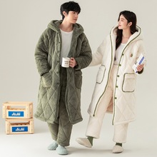 情侣睡衣女秋冬款三层加厚珊瑚绒夹棉冬季加长款睡袍男家居服套装