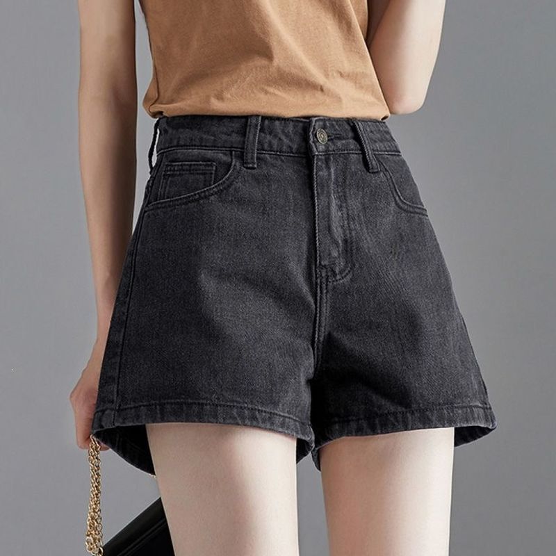 Black Denim Shorts, Simple Women's Style, High-Waisted, Slimming, Thin, Summer Wide-Leg, Loose A-Line Version, Trendy Three-Quarter Length Hot Pants