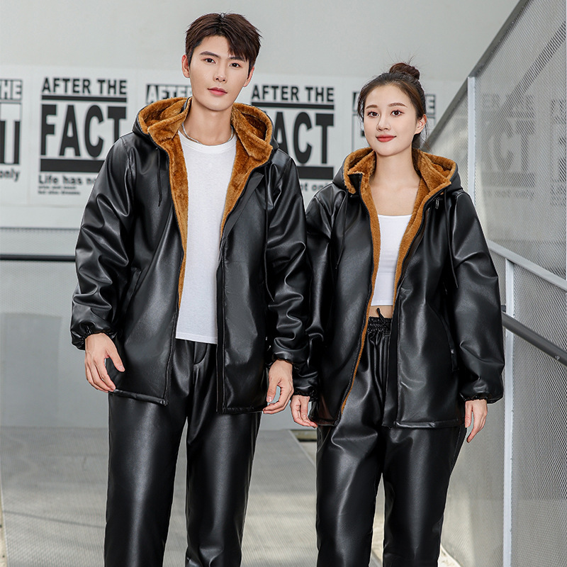 Men's Leather Jacket and Pants Set, Loose Fit, Windproof, Waterproof, Warm, Suitable for Motorcycle Delivery, Takeout Work, Casual and Functional