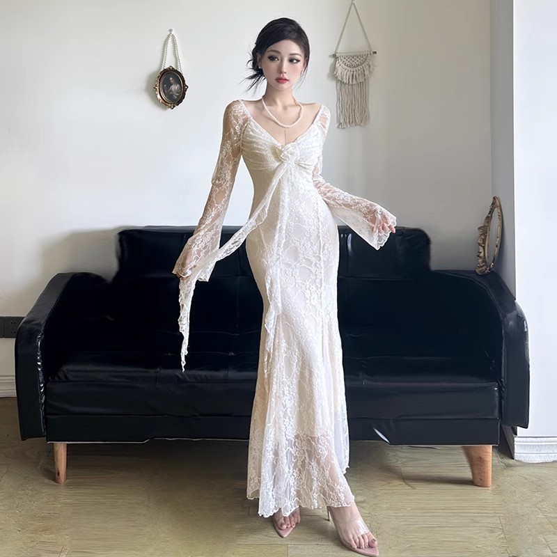 2025法式立体花朵飘带长袖礼服连衣裙女纯欲蕾丝收腰显瘦鱼尾长裙|undefined