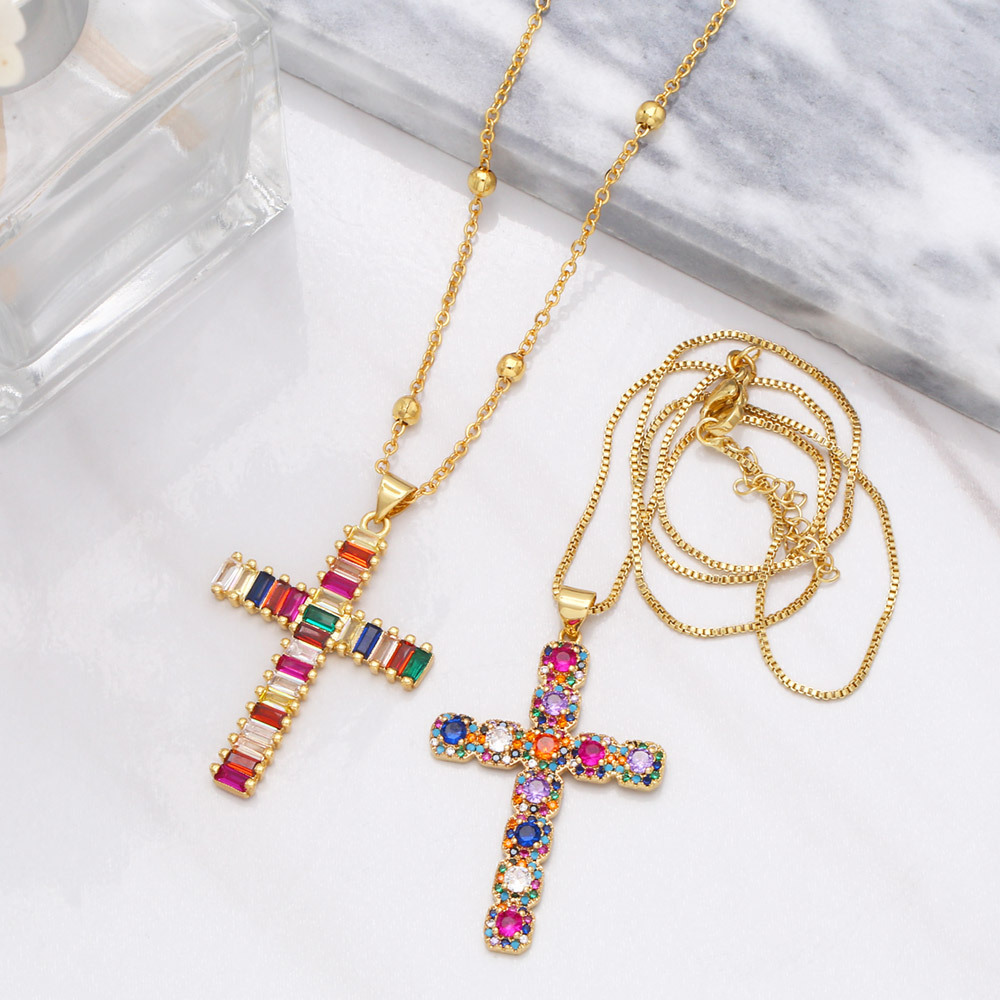 Fashion Hip Hop Micro-Inlaid Color Zircon Cross Copper Necklace
