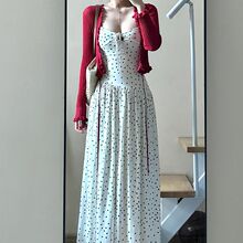 法式气质波点吊带裙套装女早秋长袖针织开衫纯欲性感辣妹修身长裙