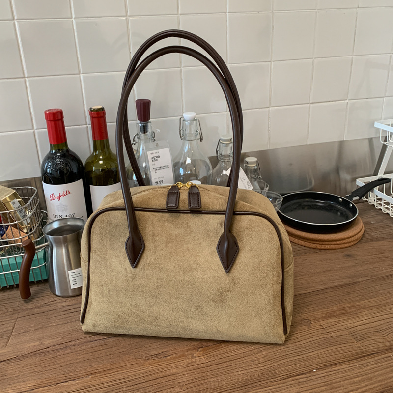 Autumn/Winter Retro Suede Boston Bowling Bag Large Capacity Handbag Shoulder Underarm Bag Baguette Bag For Women High-End Style - Thumbnail 3