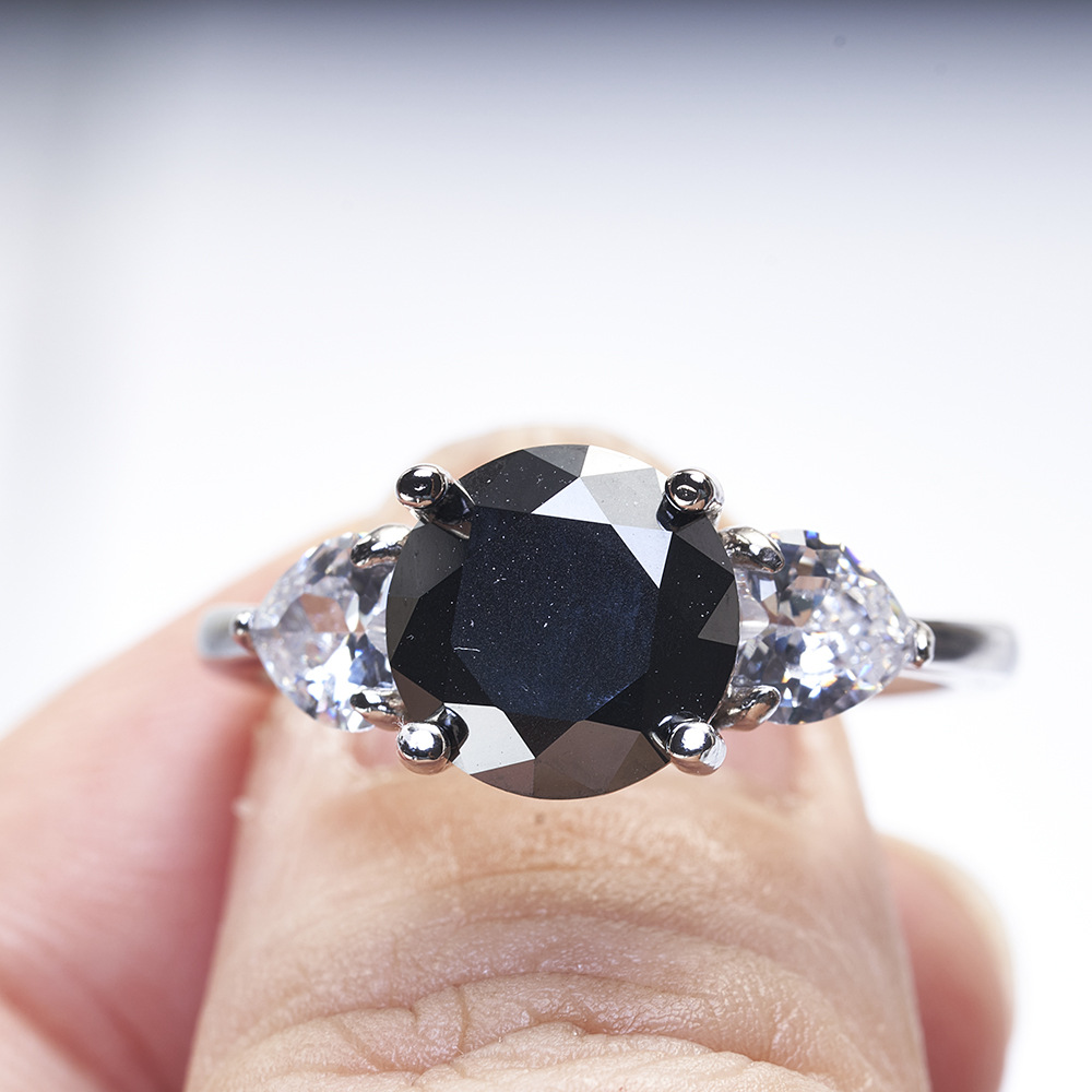 Plata esterlina 3 quilates anillo de piedra de mozanita negra comercio electrónico transfronterizo para anillo de moda de hip-hop negro