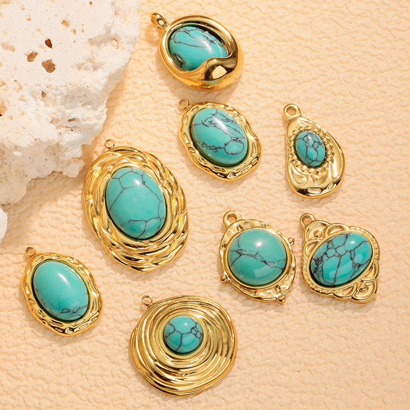 European and American Retro Turquoise Pendant Stainless Steel Titanium Steel Geometric Oval Women's Simple Design Jewelry Pendant