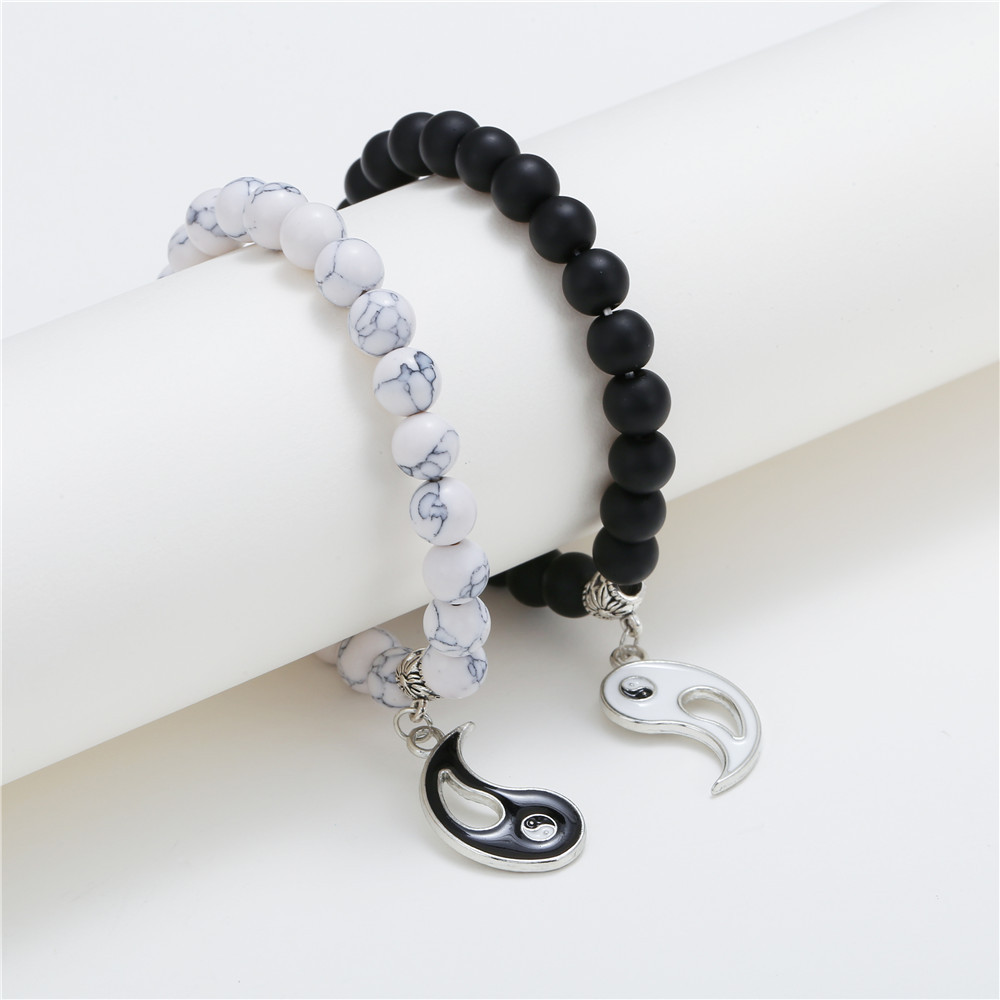 Moda Tai Chi Goteo Aceite Blanco Y Negro Con Cuentas Negro Esmerilado Blanco Turquesa Pulsera Conjunto display picture 4