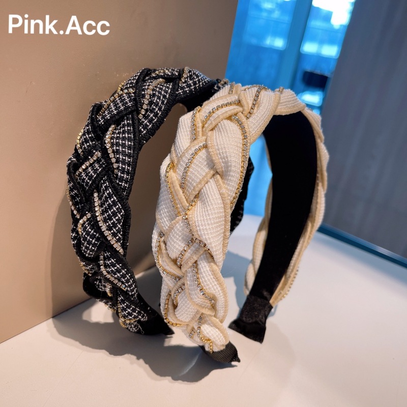 韓版～早春ins復古小香風水鑽寬版麻花發卡外出百搭頭箍髮飾品女