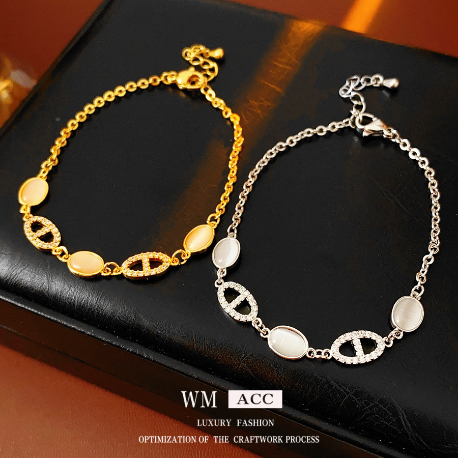 Brazalete de nariz de cerdo de piedra de diamante oval ojo de gato 2025, nuevo nicho de pulsera de alta calidad, joyería de moda versátil