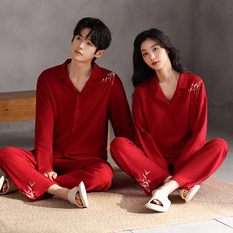 2026 New Long-Sleeved Couple Pajamas Autumn and Winter Pure Cotton Set Newlywed Red Zodiac Year Wedding Home Wear