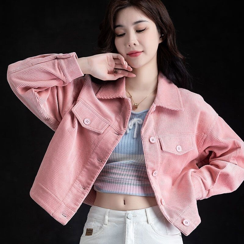 Corduroy Women's Jacket, New Autumn 2026 Casual Short Jacket, Gentle Style, Korean Style Solid Color Top