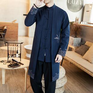 2022 Autumn and Winter New Chinese Style Men's Coat with Buckle Trenchcoat Hanfu Loose Coat Young People's Collar Mid-length Tang Suit