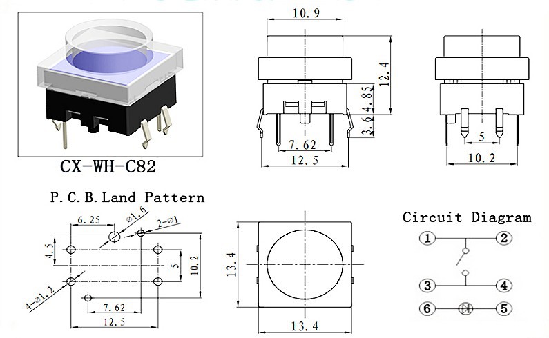 12*12带灯轻触开关CX-WH-C82直插6脚led按键开关 自复位按钮开关