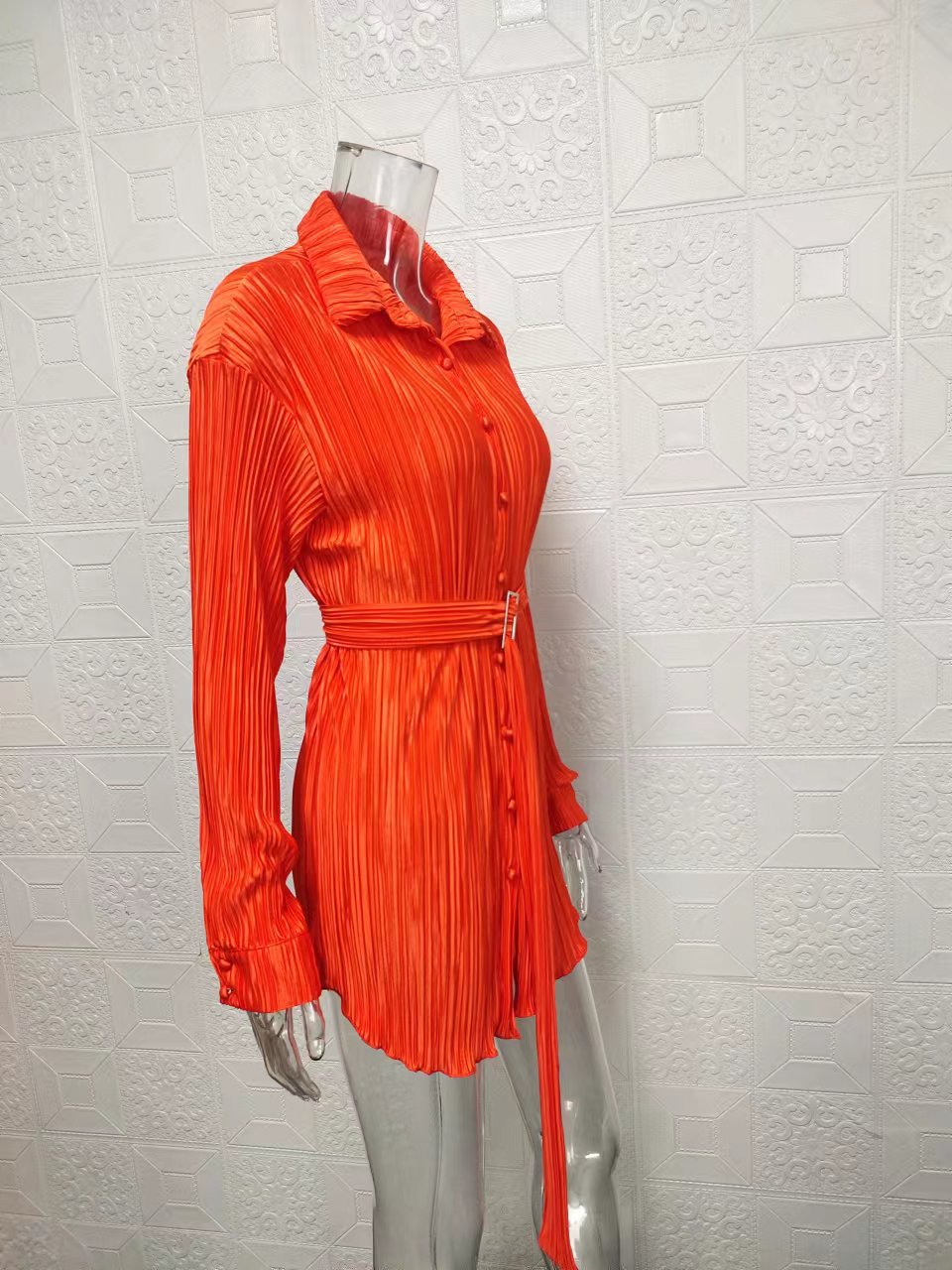 Women's Clothing 2024 women's new shirt collar fashion women's elastic waist pleated long sleeved lace up dress_mkmklike.com