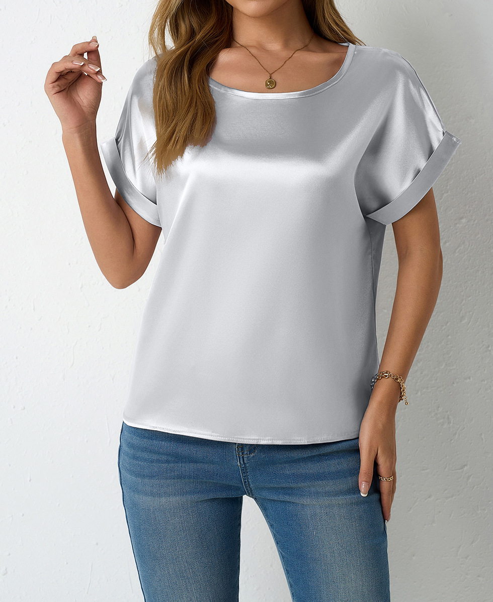 Camicia in raso da donna a maniche corte taglio morbido elegante_voghion.com
