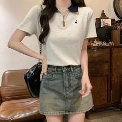 夏の右肩ファッションポロカラー半袖Tシャツレディース日本のレトロカレッジスタイルデザインニッチユニークトップ