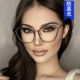 欧美跨境金属猫眼眼镜框2022新款平光镜素颜防蓝光可配近视眼镜架