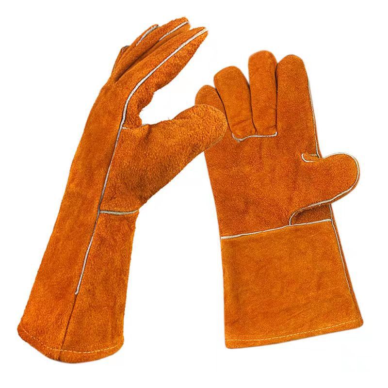 Guantes largos de cuero para soldar, para manos izquierda y derecha, guantes de trabajo de protección laboral de doble capa y gruesos