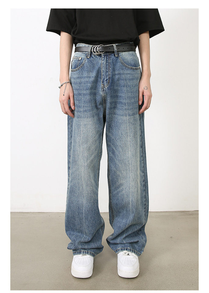 Quần jeans nam ống đứng dáng suông rộng, denim xử lý giặt retro phong cách Mỹ, quần dài mặc hằng ngày — Màu xanh lam chi tiết 6