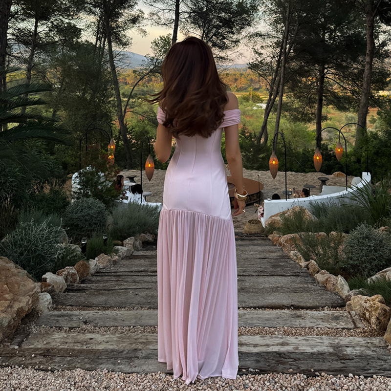 Europa y los Estados Unidos comercio exterior ropa de mujer 2025 nuevo temperamento vestido de malla de hombro abierto empalmado vestido de cadera mujer image 4