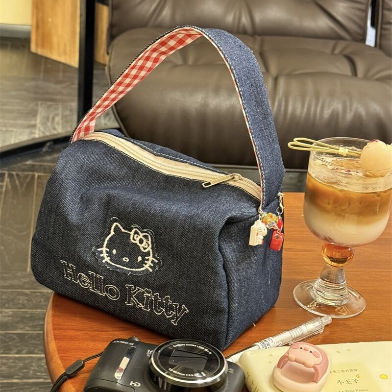 Cute Kitty Denim Retro Handbag Ins High-Looking Large-Capacity Portable Handbag Women's Cosmetic Bag
