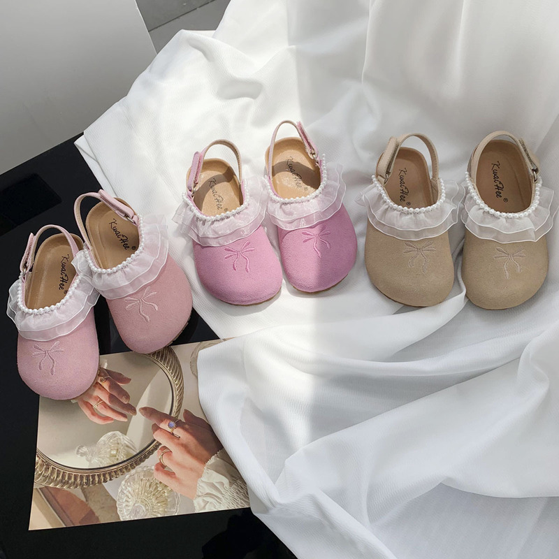 Girls' Princess Shoes Spring and Summer 2025 New Cross-border Baby Girl Pearl Lace Niche Half Slippers Bocken Shoes