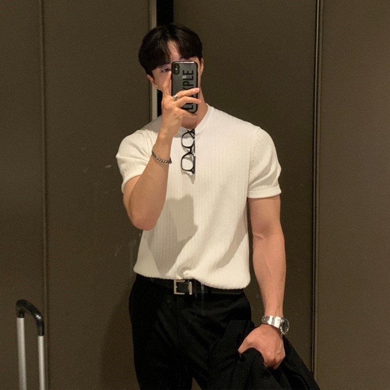 boy Summer Short T-Shirt For Men Ice Silk Knitted Shirt Stretchy Korean Style Slim Fit Round Neck Casual Thin Solid Color_viptrois.com
