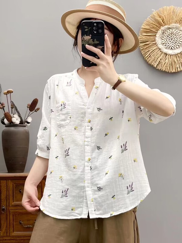 Summer Thin V-neck Loose Cotton Double-layer Cotton Yarn Short-sleeved Shirt Women's Casual Slimming Half-sleeved Middle-sleeved Shirt