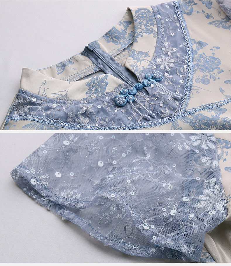 Đầm maxi nữ tân cổ điển cổ đứng đính hạt cườm, phối ren, họa tiết jacquard, thiết kế giả hai lớp LX2625 — xanh lam, Màu hồng chi tiết 27