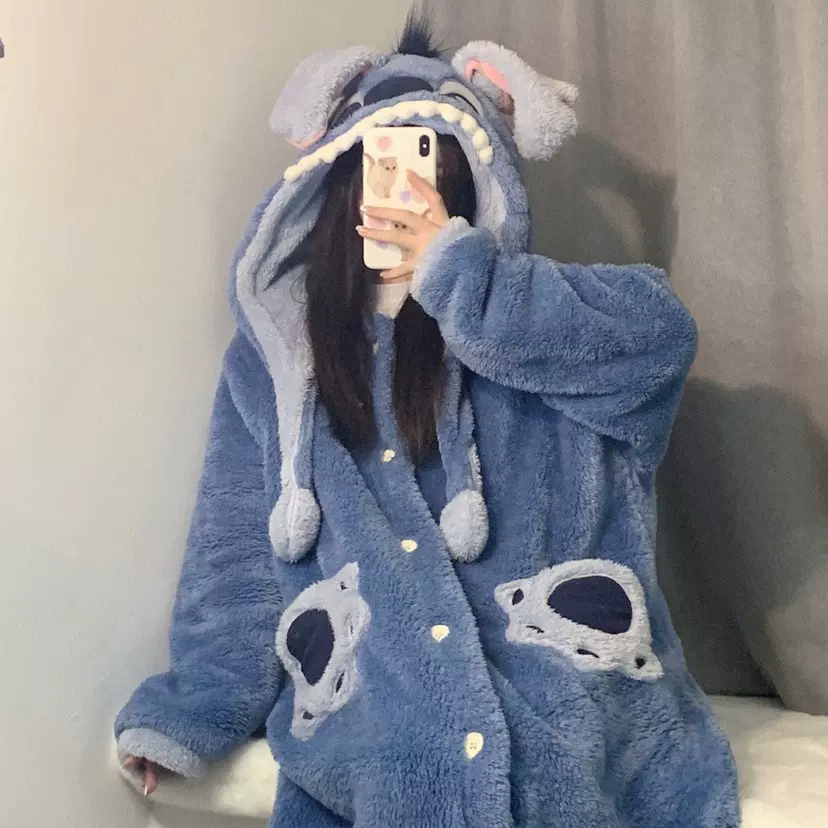 可爱法兰绒睡衣珊瑚绒情侣玉桂狗睡袍加厚长款连体蓝色春季家居服