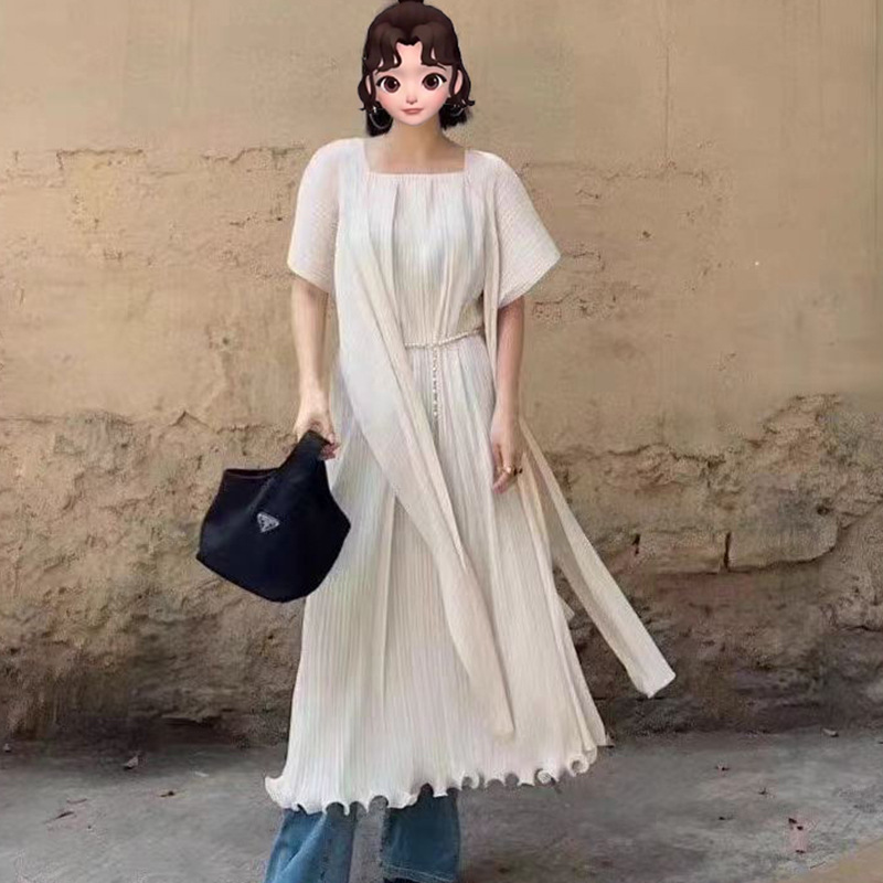 Miyake's New Summer Women's Long Dress with Ruffled Edges, Loose Casual Pleated High-End Cape Dress, High-Waisted Slimming Dress