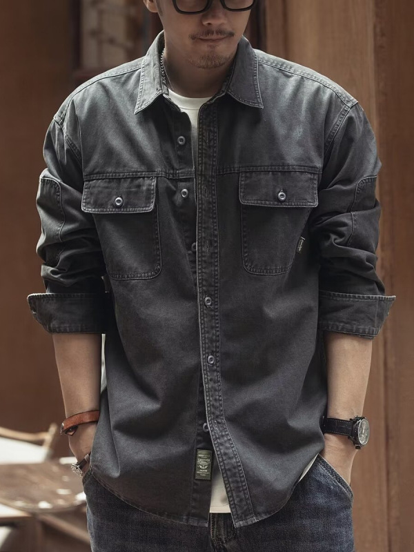 American Retro Workwear Men's Long-Sleeved Shirt Jacket Trendy Brand Jacket Autumn Style Loose Hunting Denim Shirt for Men
