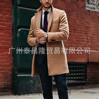 亚马逊wish欧美外贸跨境男装英伦中长款休闲外套翻领呢子大衣风衣