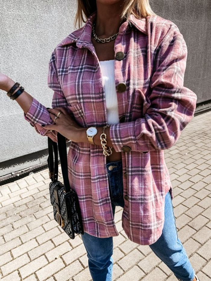 Dames ruiten overhemdjas van wol voor herfst en winter_voghion.com