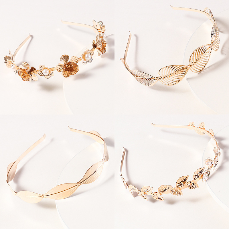 亚马逊欧美头饰宫廷风花朵树叶金属珍珠合金发箍发饰头箍批发