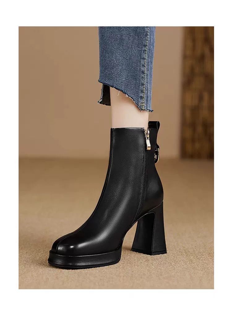 Темпераментные короткие сапоги на высоком каблуке женские 2023 Весна и осень одиночные сапоги зимние кожаные сапоги на толстом каблуке с круглым носком Ботинки для всадника на платформе