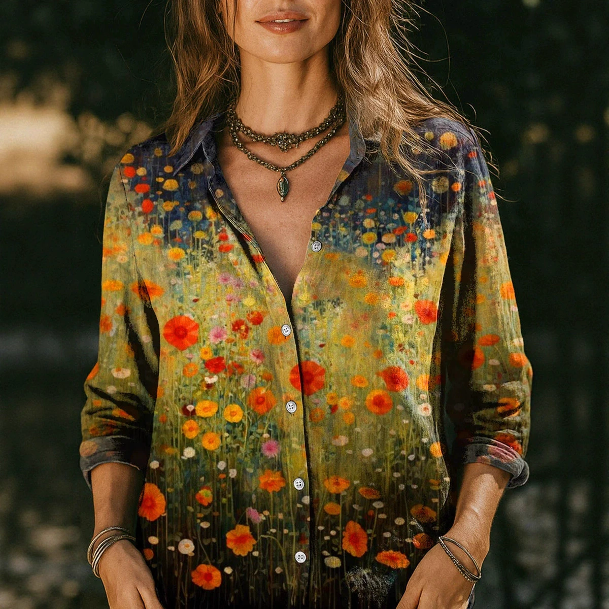 Новая женская модная блузка с цветочным принтом и отложным воротником, с длинным рукавом, для трансграничной торговли на Amazon (3D цифровая печать)