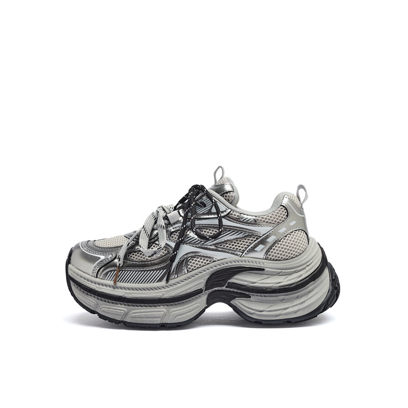 Zapatos de zapato para padres y mujeres 2026 nuevos zapatos deportivos de primavera retro gris plateado zapatos de carrera casuales