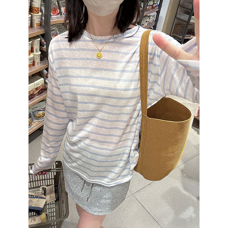 Vintage Striped Long-Sleeve T-Shirt for Women, 2026 Spring/Summer Style, Korean Style, Casual Loose Top
