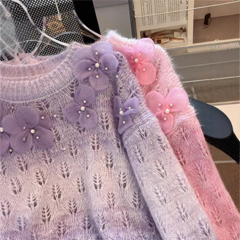 女性用グラデーションカラーセータージャケット、新しいデザインのビーズフラワーボトムシャツ、甘くて柔らかいワックス状セーター|undefined