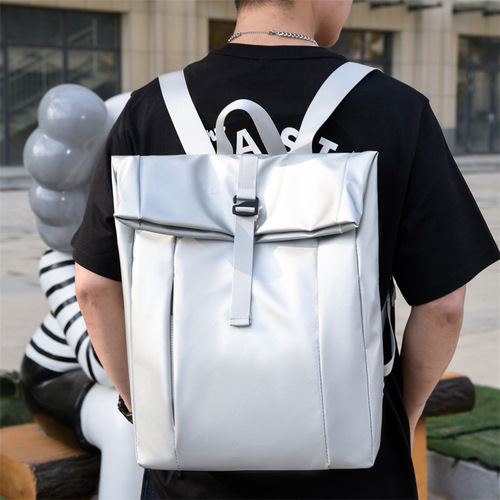 Korean Style Fashion Men's Backpack with Roll-Top Large Capacity Student Bag, Unisex Solid Color Waterproof Outdoor Backpack